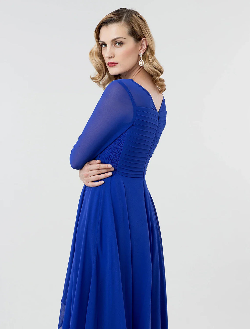 Formal Evening Wedding Party Dress Boat Neck 3/4 Length Sleeve Tea Length Georgette with Ruched Crystal Brooch