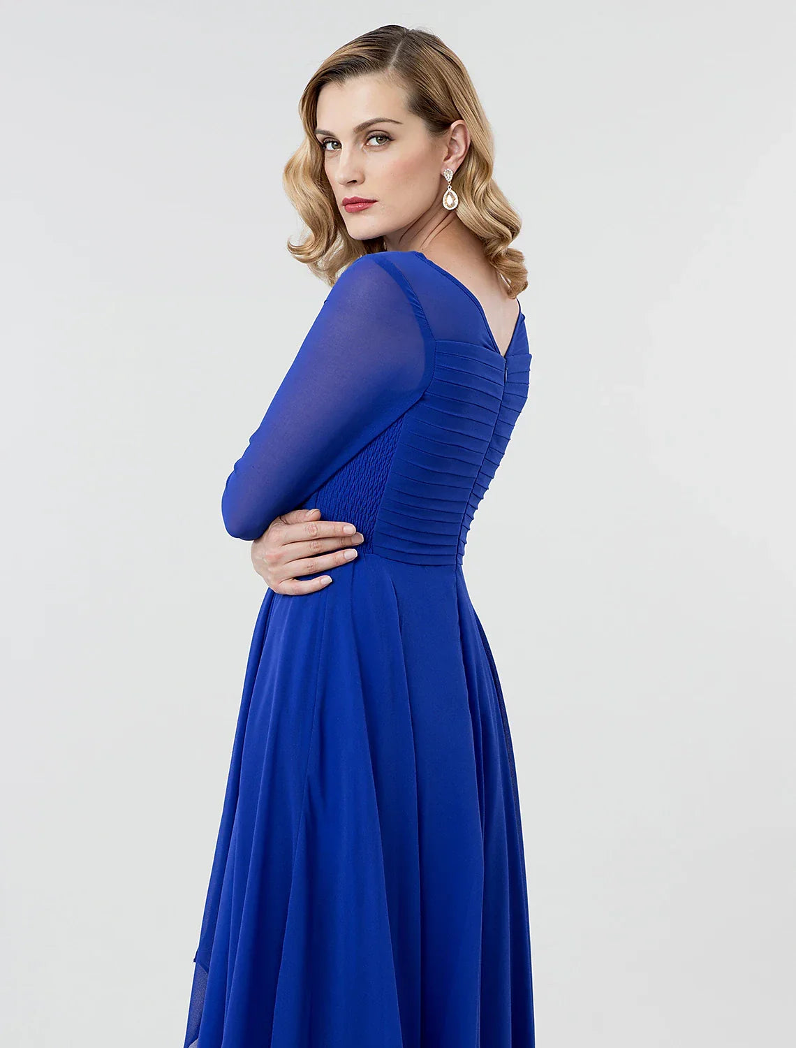Formal Evening Wedding Party Dress Boat Neck 3/4 Length Sleeve Tea Length Georgette with Ruched Crystal Brooch
