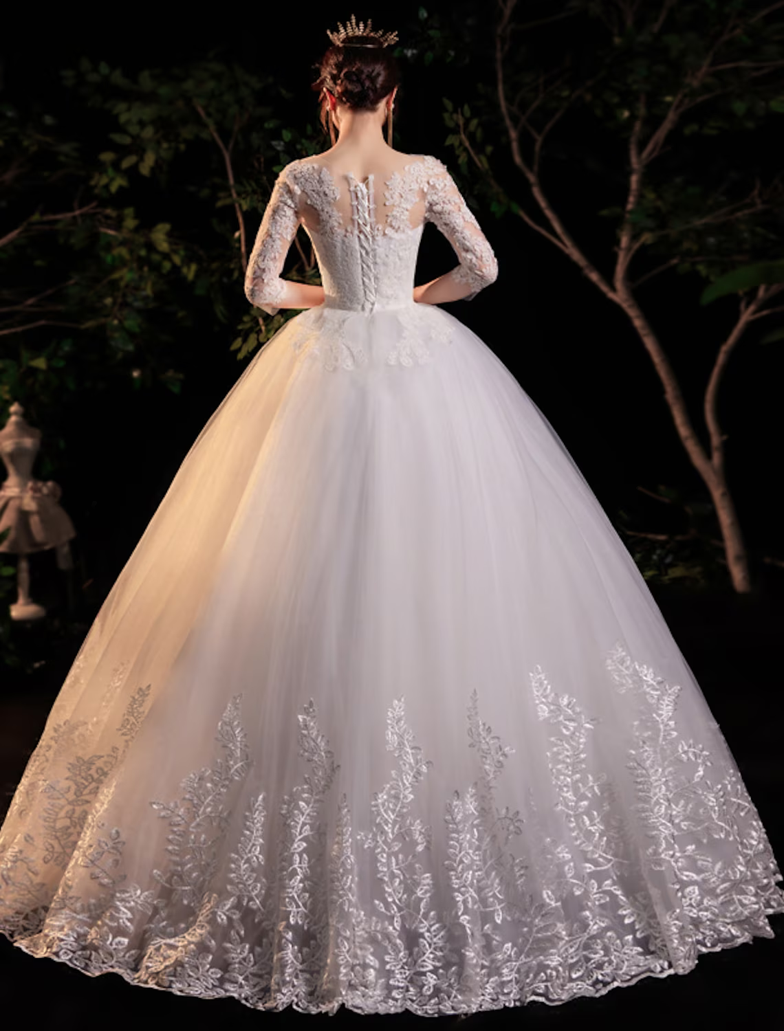 Engagement Formal Wedding Dresses Floor Length Princess Half Sleeve Jewel Neck With Appliques