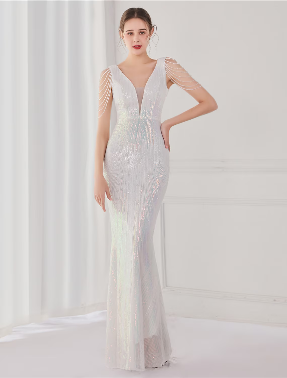 Mermaid / Trumpet Evening Gown Elegant Dress Wedding Guest Floor Length Sleeveless V Neck V Back