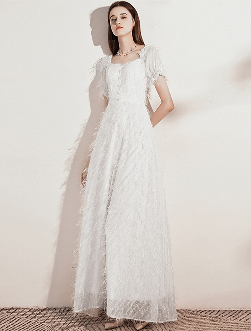 Evening Gown Dress Wedding Guest Floor Length Short Sleeve Scoop Neck with Buttons