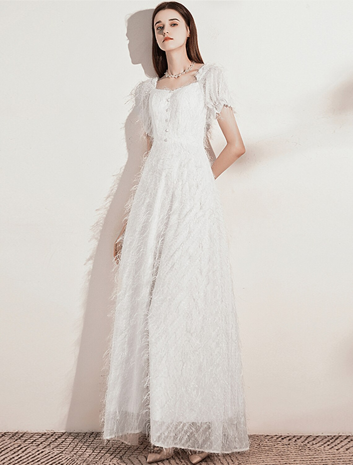 Evening Gown Dress Wedding Guest Floor Length Short Sleeve Scoop Neck with Buttons