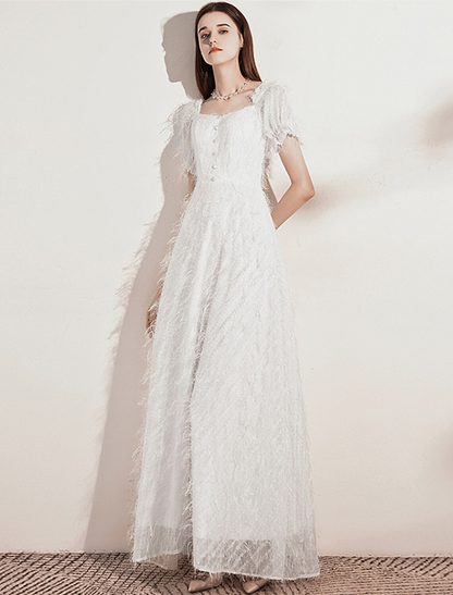Elegant Red A-Line Classic-Neck Short-Sleeve Classic-Back Floor-Length Wedding Dress