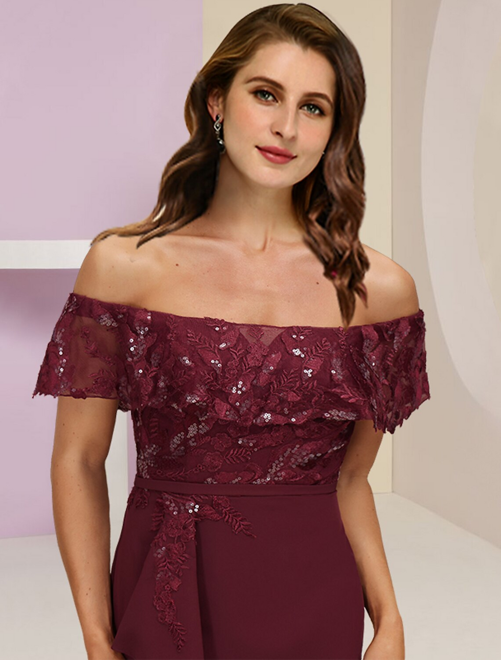 Plus Size Curve Mother of the Bride Dress Wedding Guest Party Elegant Off Shoulder Floor Length Short Sleeve with Ruffles