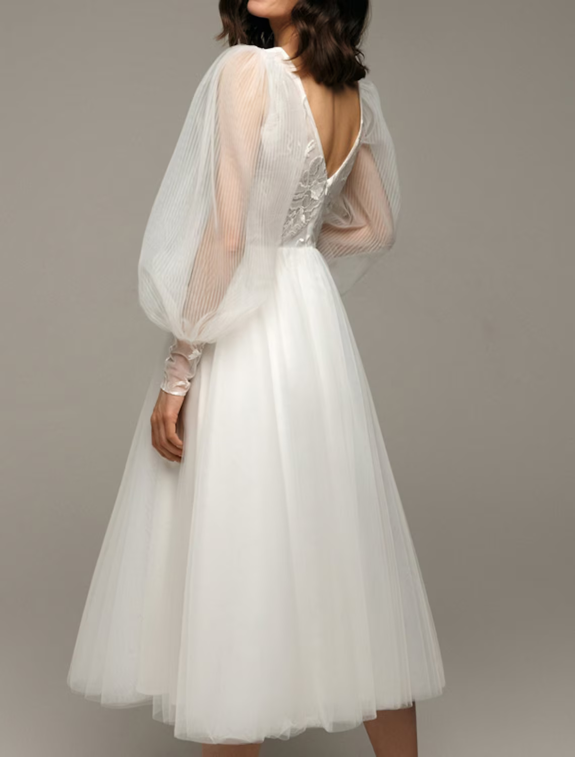 White Vintage Little Dresses Wedding Dresses Tea Length A-Line Long Sleeve V Neck With Applique