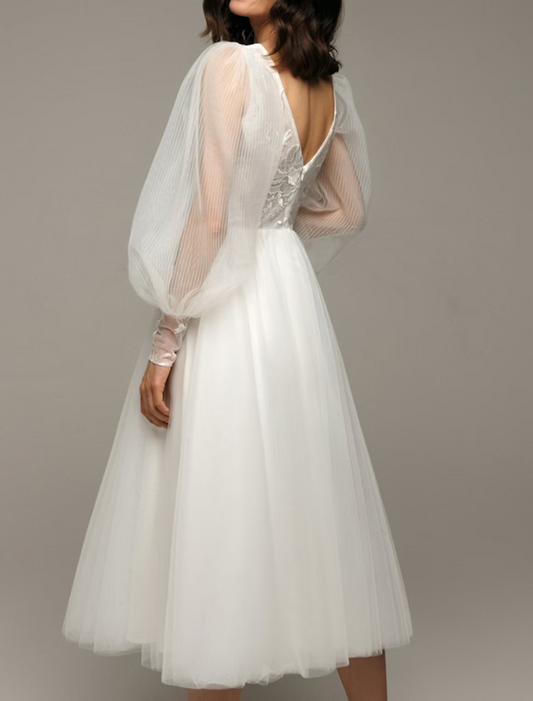Vintage White A-Line V-Neck Long-Sleeve Classic-Back Tea-Length Wedding Dress