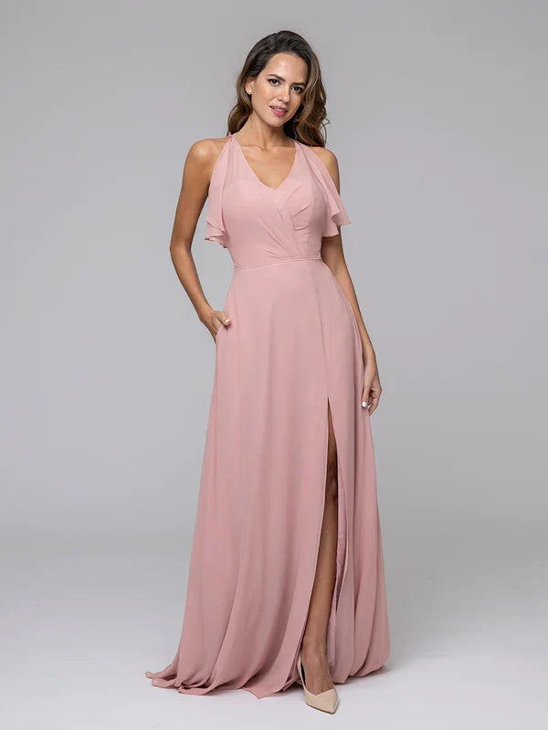 Ruffles V Neck Floor Length Bridesmaid Dresses