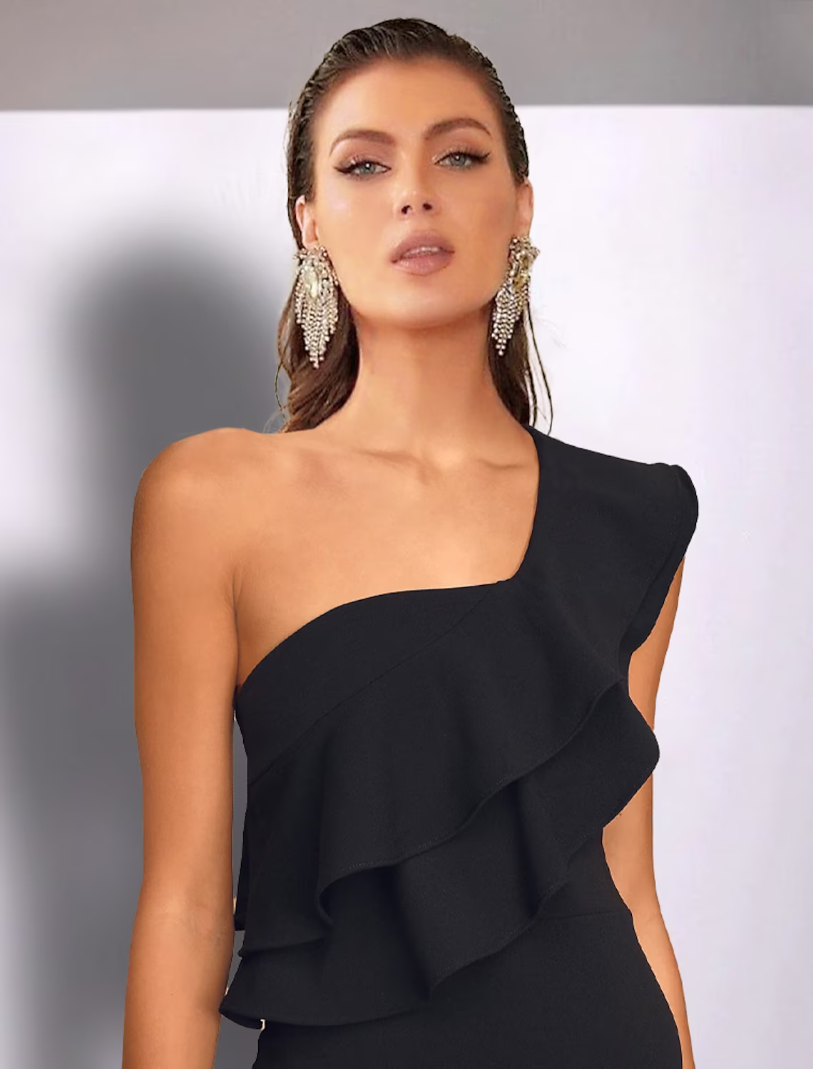 Black Mermaid / Trumpet Wedding Guest Dresses Dress Wedding Party Floor Length Sleeveless One Shoulder with Ruffles