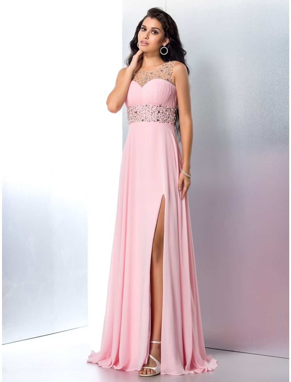 Sparkle Shine Dress Party Wear Sleeveless Jewel Neck with Rhinestone Slit