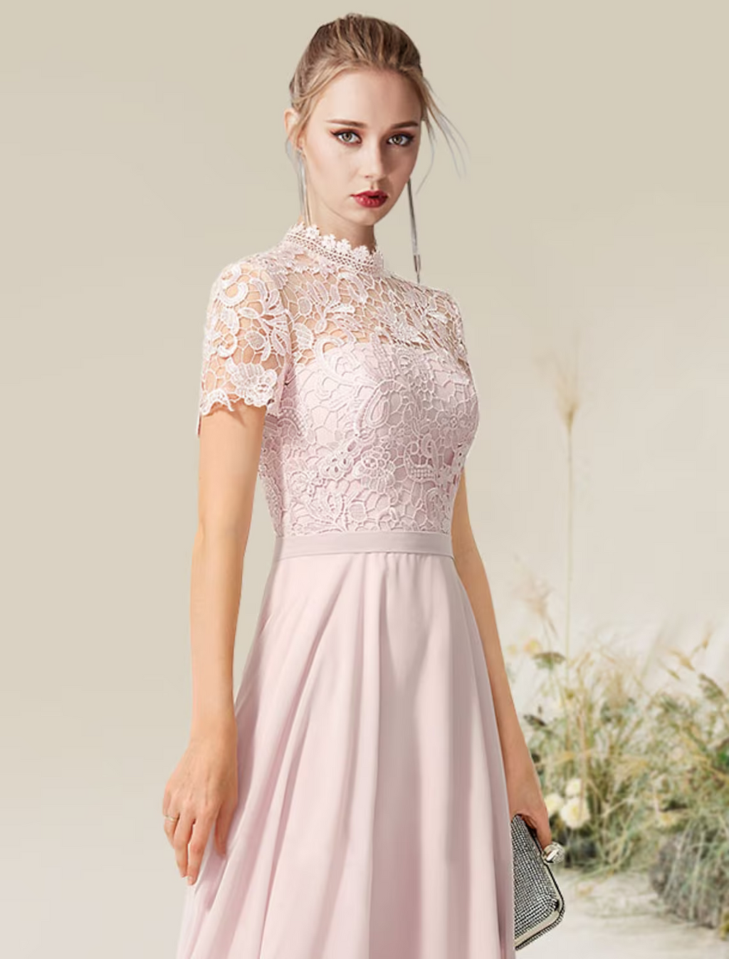 Evening Gown Empire Dress Engagement Floor Length Short Sleeve High Neck with Pleats