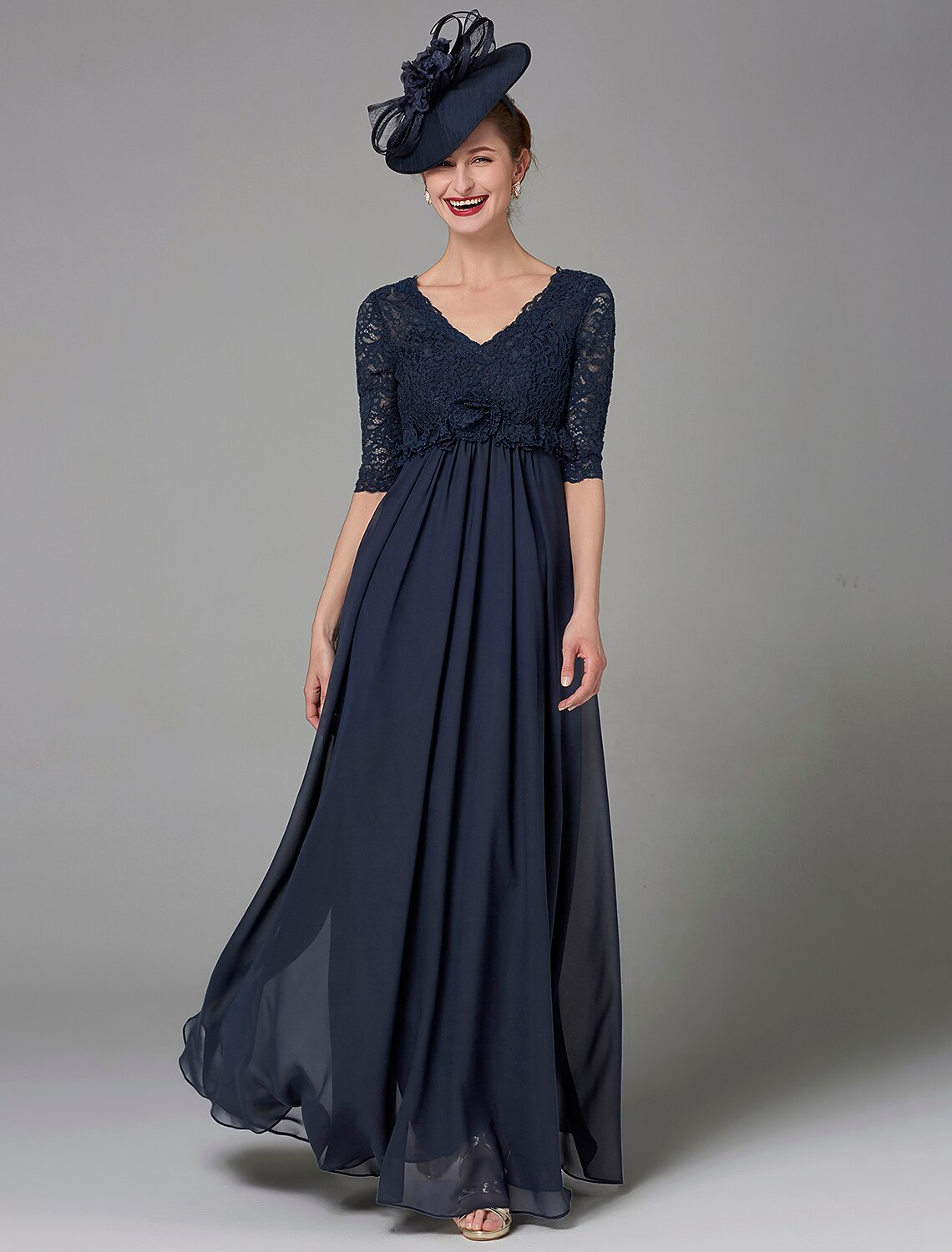 Mother of the Bride Dress Elegant Luxurious V Neck Floor Length Half Sleeve with Bow(s)
