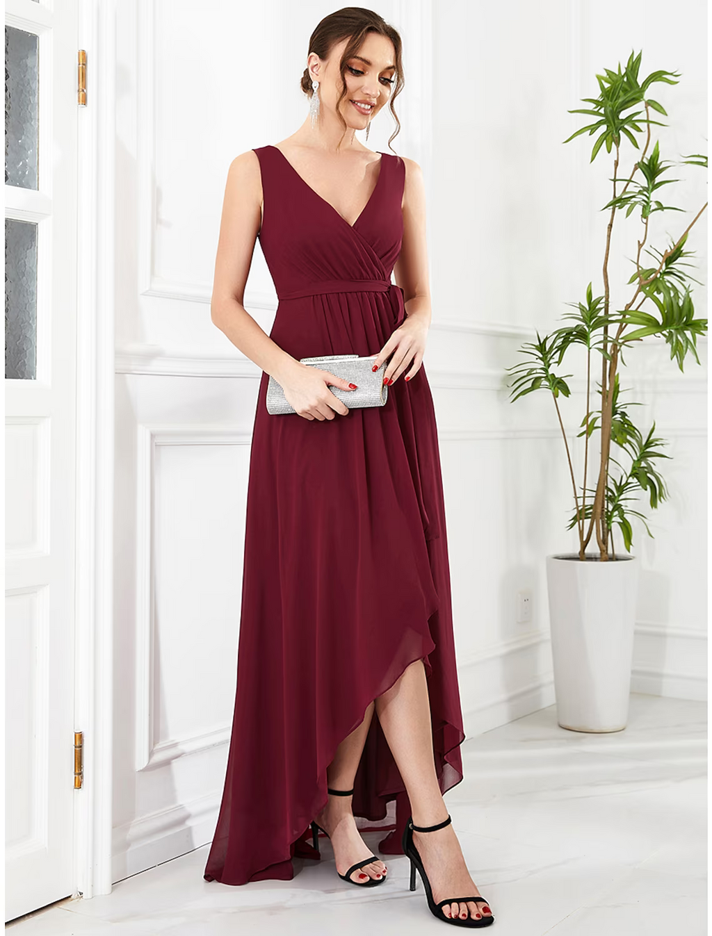 Wedding Guest Dresses Elegant Dress Party Wear Asymmetrical Sleeveless V Neck with Ruffles Strappy