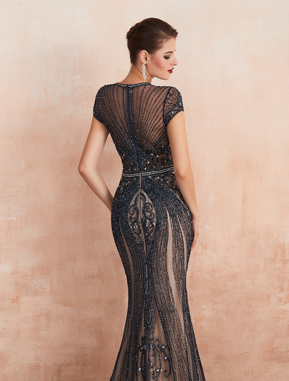 Evening Gown Luxurious Dress Engagement Short Sleeve Jewel Neck with Beading