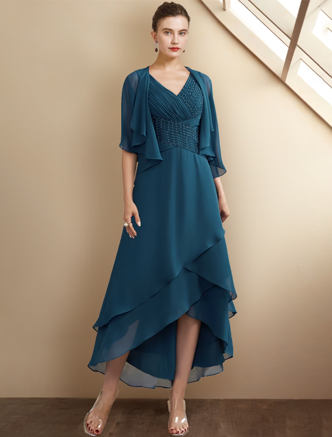 Mother of the Bride Dress Elegant High Low V Neck Asymmetrical Sleeveless Wrap Included with Beading Cascading Ruffles Side-Draped