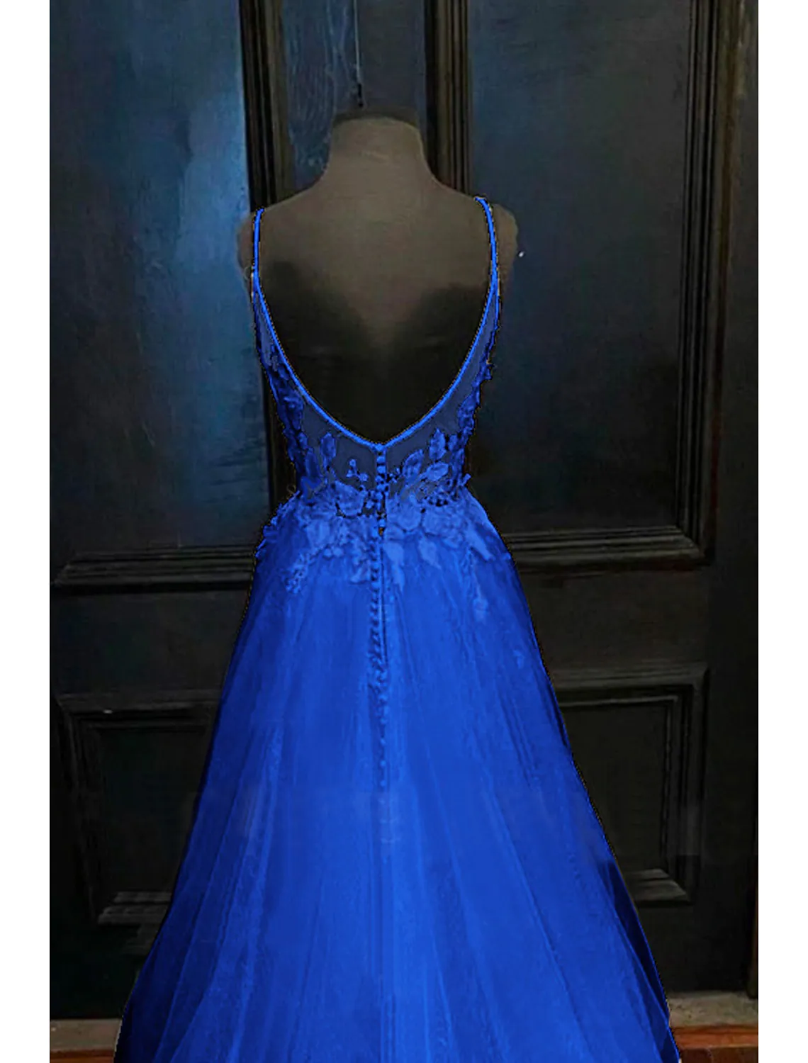 Open Back Dress Formal Court Train Sleeveless V Neck Backless V Back with Beading Appliques