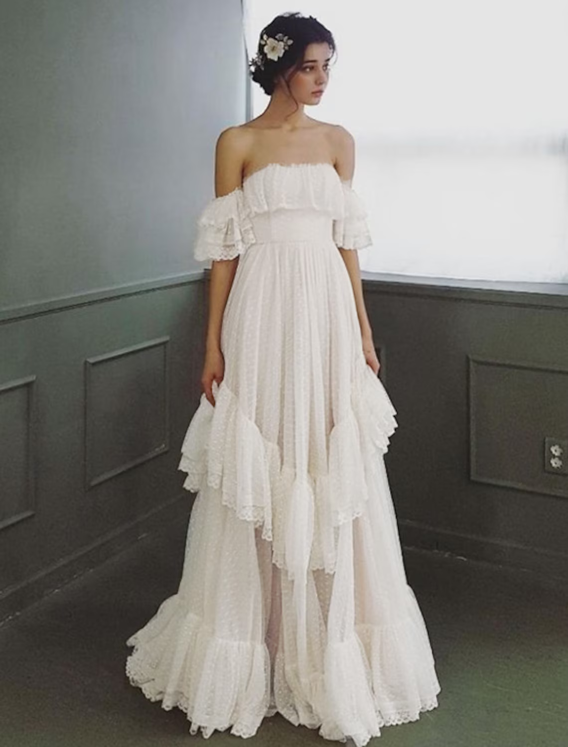 Beach Wedding Dresses A-Line Short Sleeve Off Shoulder With Ruffles
