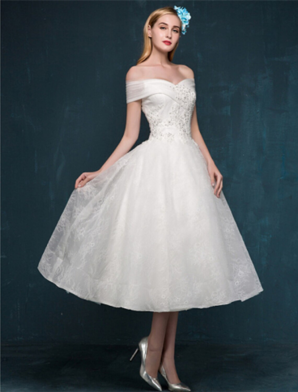 White Little Dresses Wedding Dresses Tea Length A-Line Short Sleeve Off Shoulder Beaded With Beading