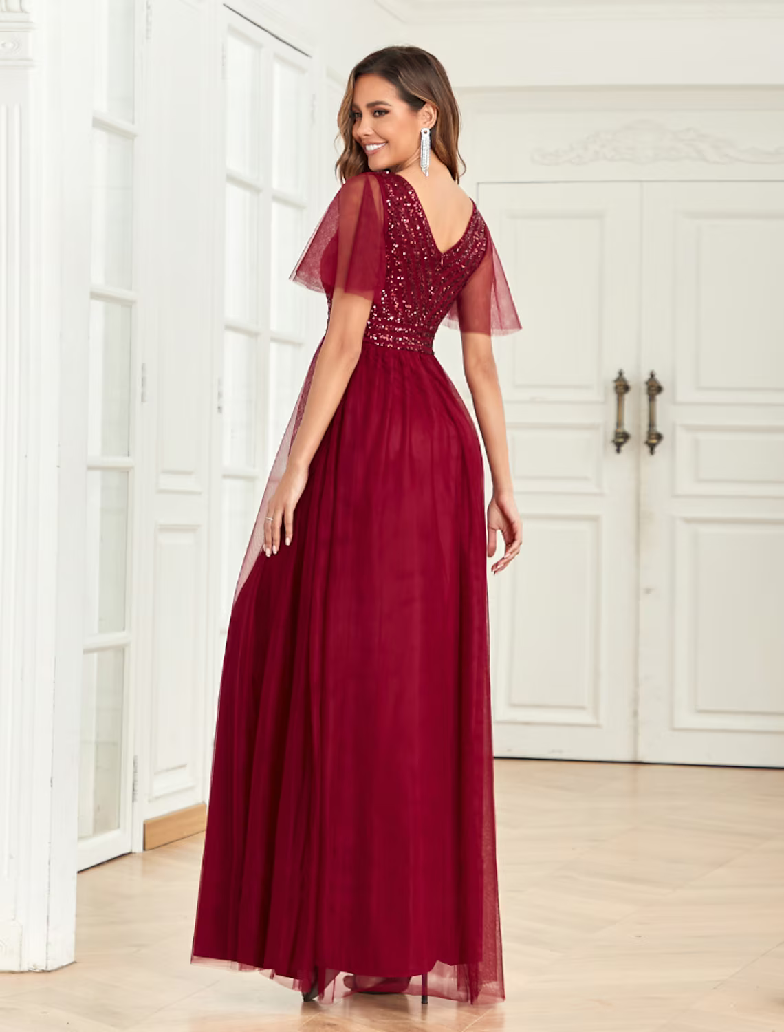 Party Dresses Empire Dress Party Wear Floor Length Short Sleeve V Neck V Back with Glitter