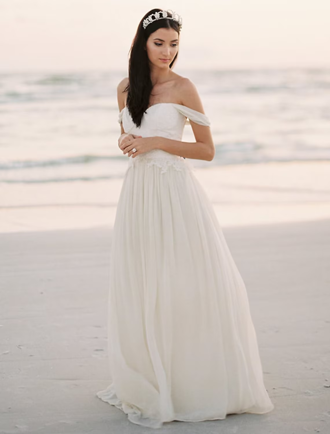 Beach Wedding Dresses A-Line Sleeveless Off Shoulder With Pleats
