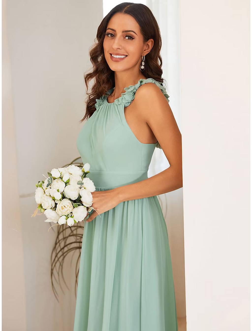 Wedding Guest Dresses Elegant Dress Formal Floor Length Sleeveless Jewel Neck with Pleats Flower