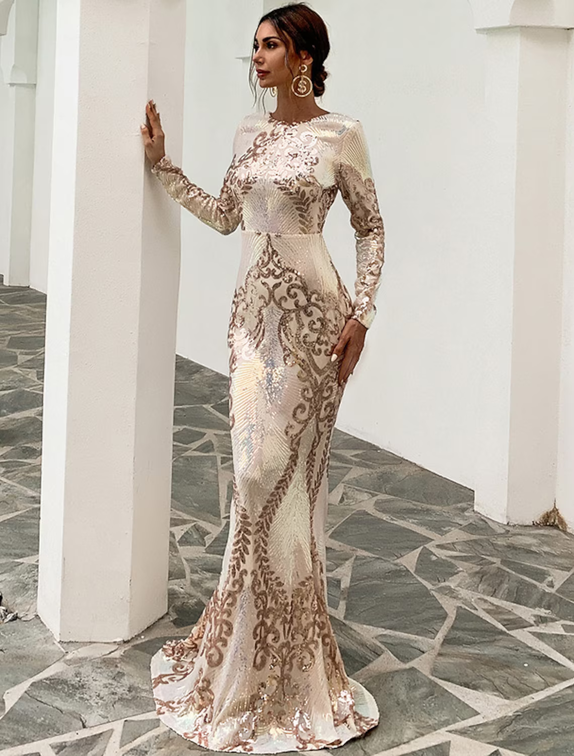 Evening Gown Sexy Dress Formal Long Sleeve Jewel Neck Backless