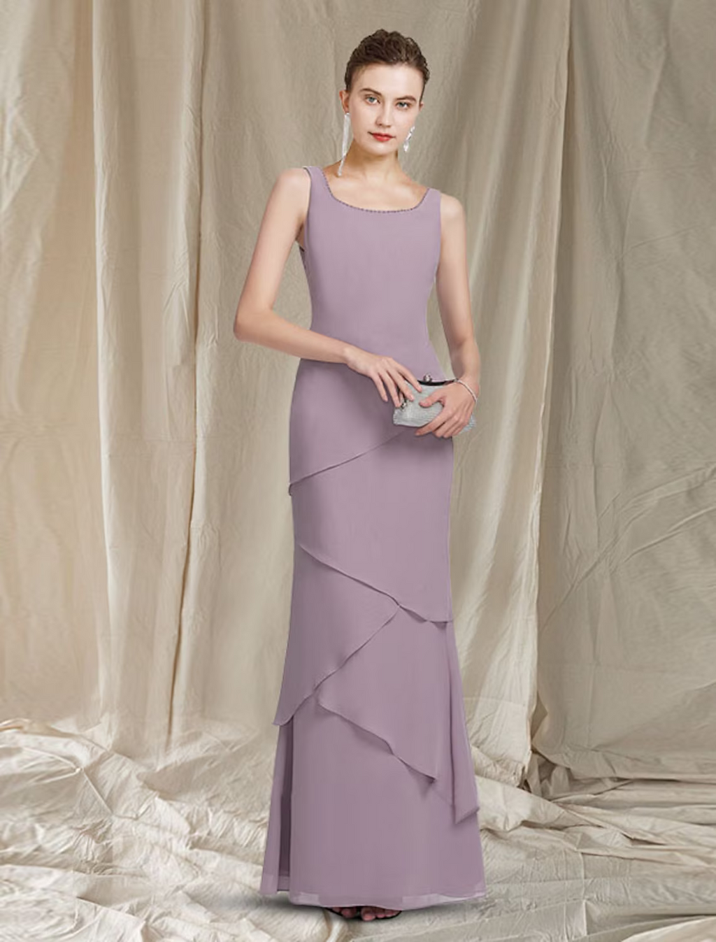 Two Piece Mother of the Bride Dress Elegant Scoop Neck Floor Length Sleeveless Wrap Included with Beading Cascading Ruffles