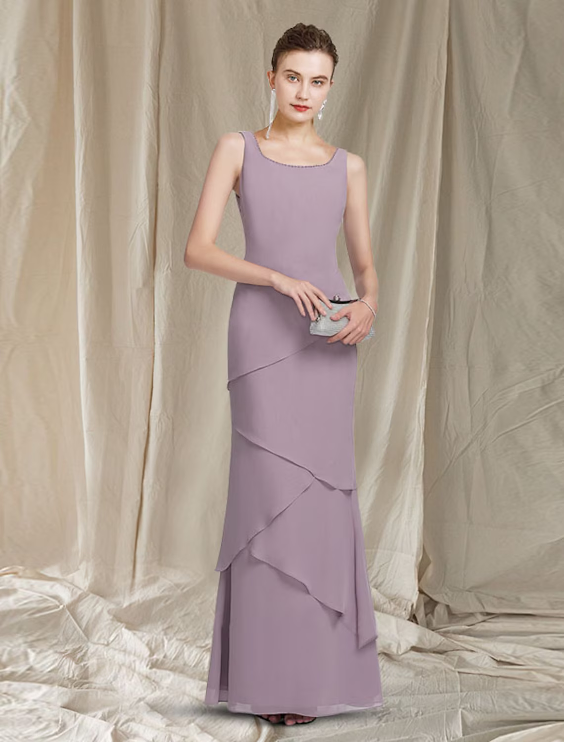 Two Piece Mother of the Bride Dress Elegant Scoop Neck Floor Length Sleeveless Wrap Included with Beading Cascading Ruffles