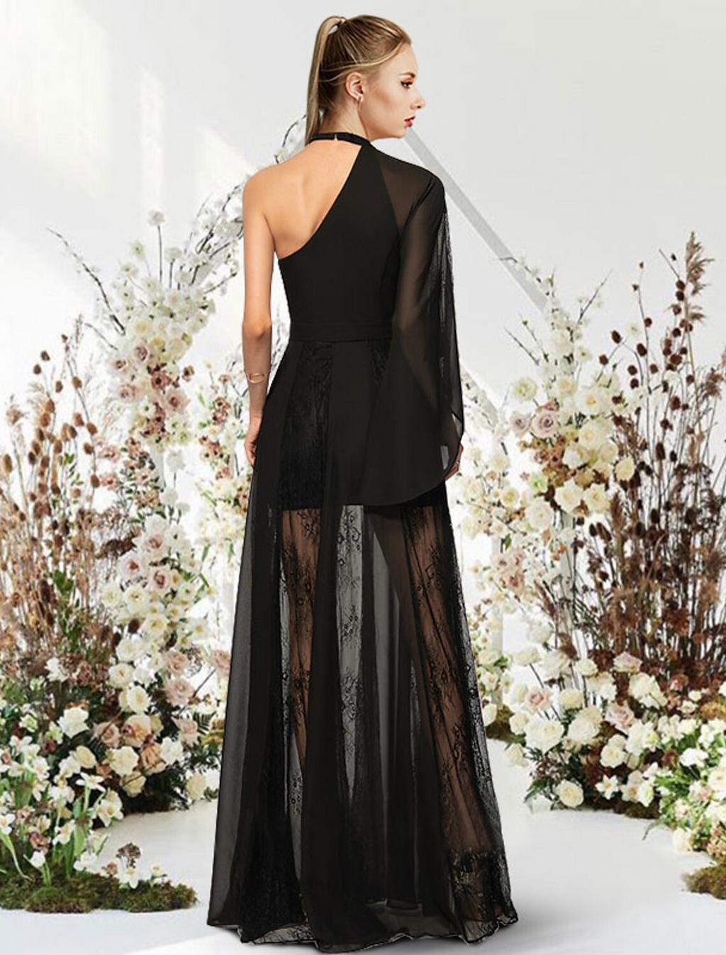 Evening Gown Empire Dress Wedding Guest Floor Length Half Sleeve One Shoulder with Pleats