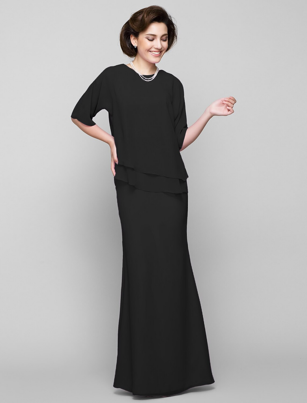 Mother of the Bride Dress Elegant Scoop Neck Floor Length Half Sleeve with Pleats