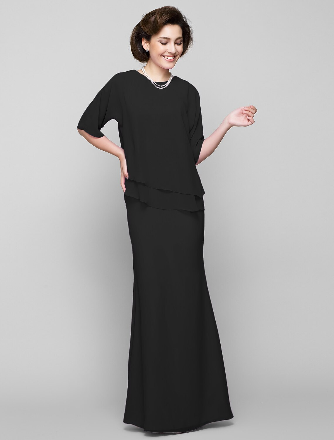 Mother of the Bride Dress Elegant Scoop Neck Floor Length Half Sleeve with Pleats