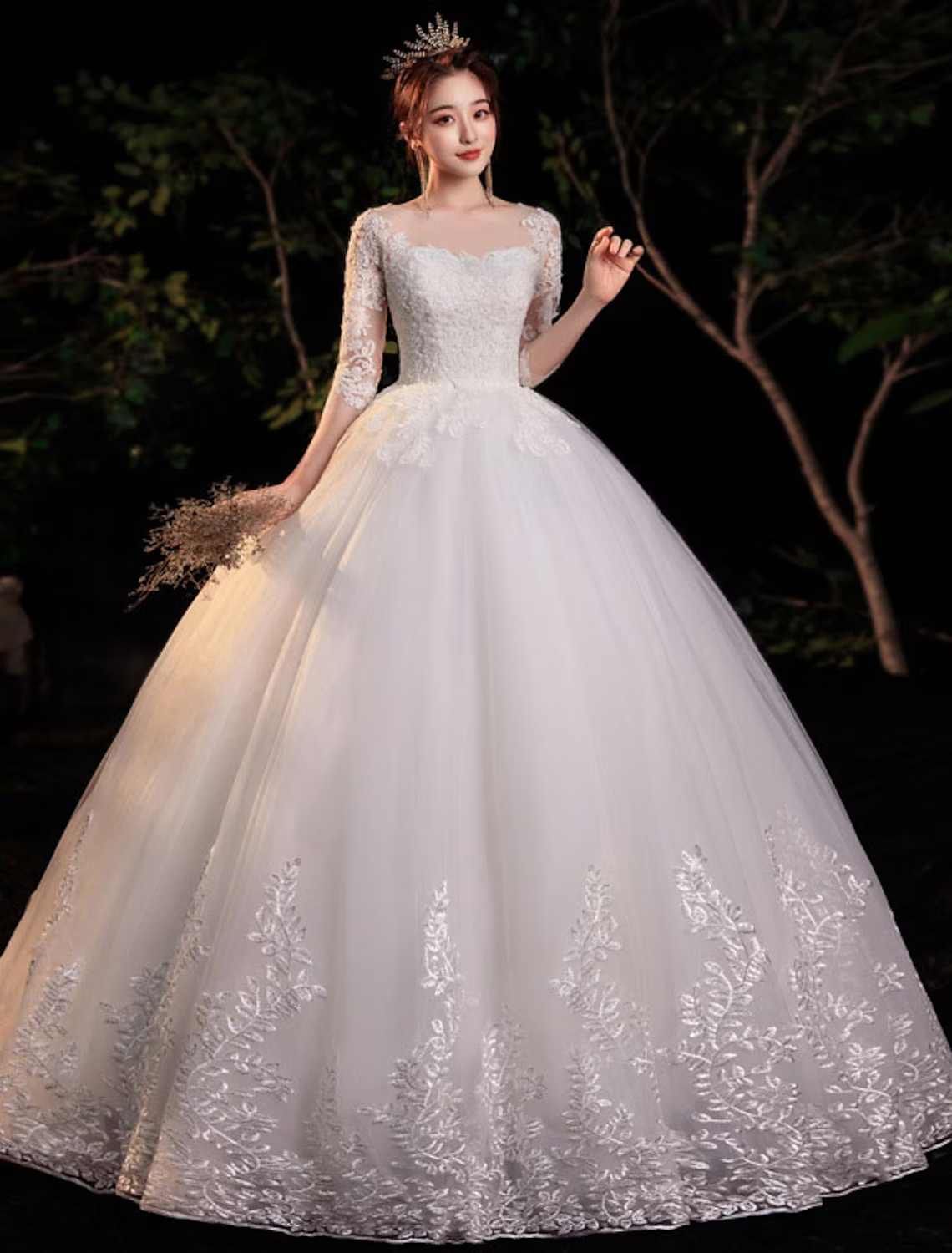 Engagement Formal Wedding Dresses Floor Length Princess Half Sleeve With Appliques