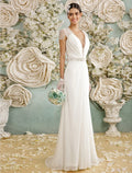 Beach Open Back Wedding Dresses Short Sleeve V Neck With Crystal Button