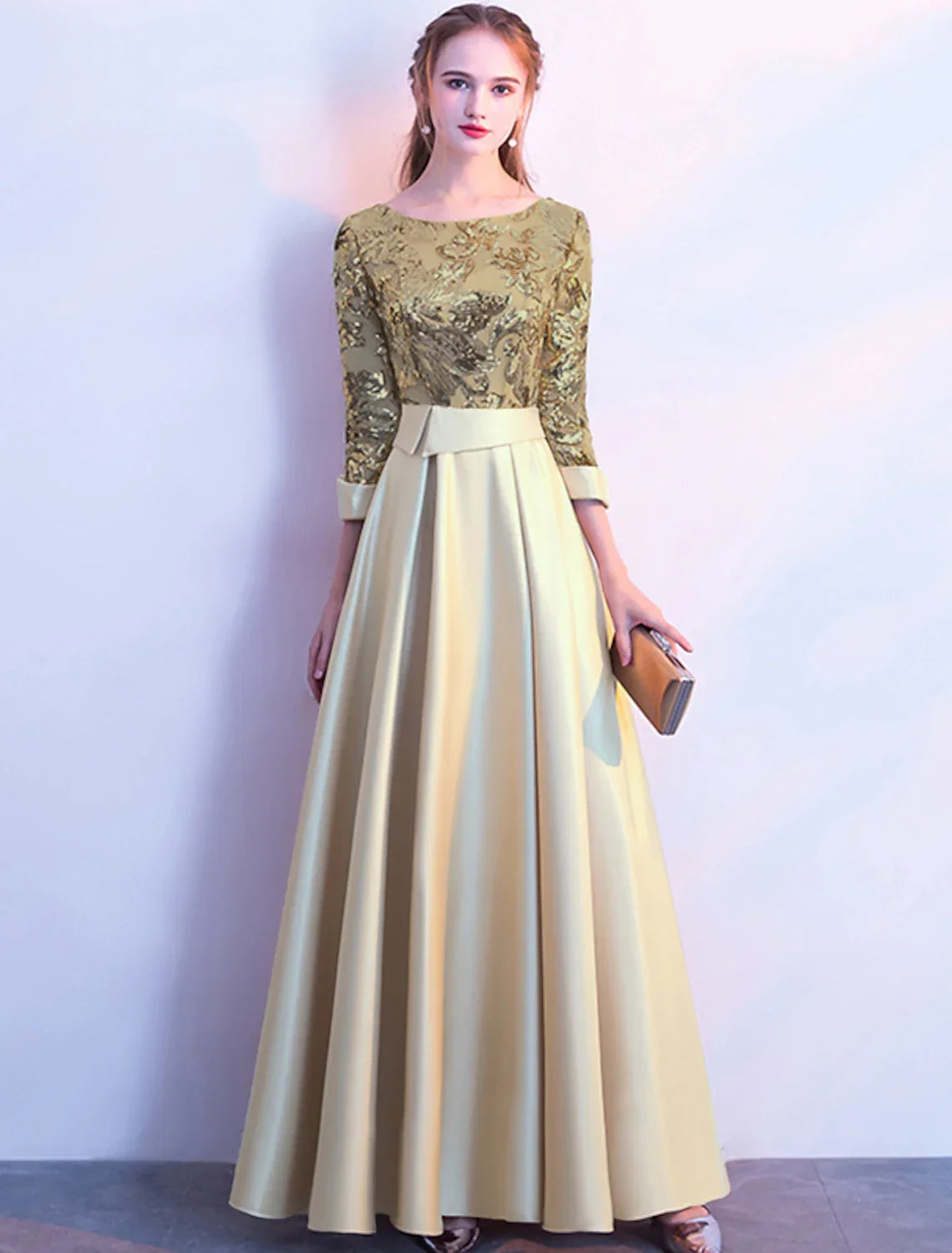 Glittering Elegant Prom Formal Evening Dress Jewel Neck 3/4 Length Sleeve Floor Length