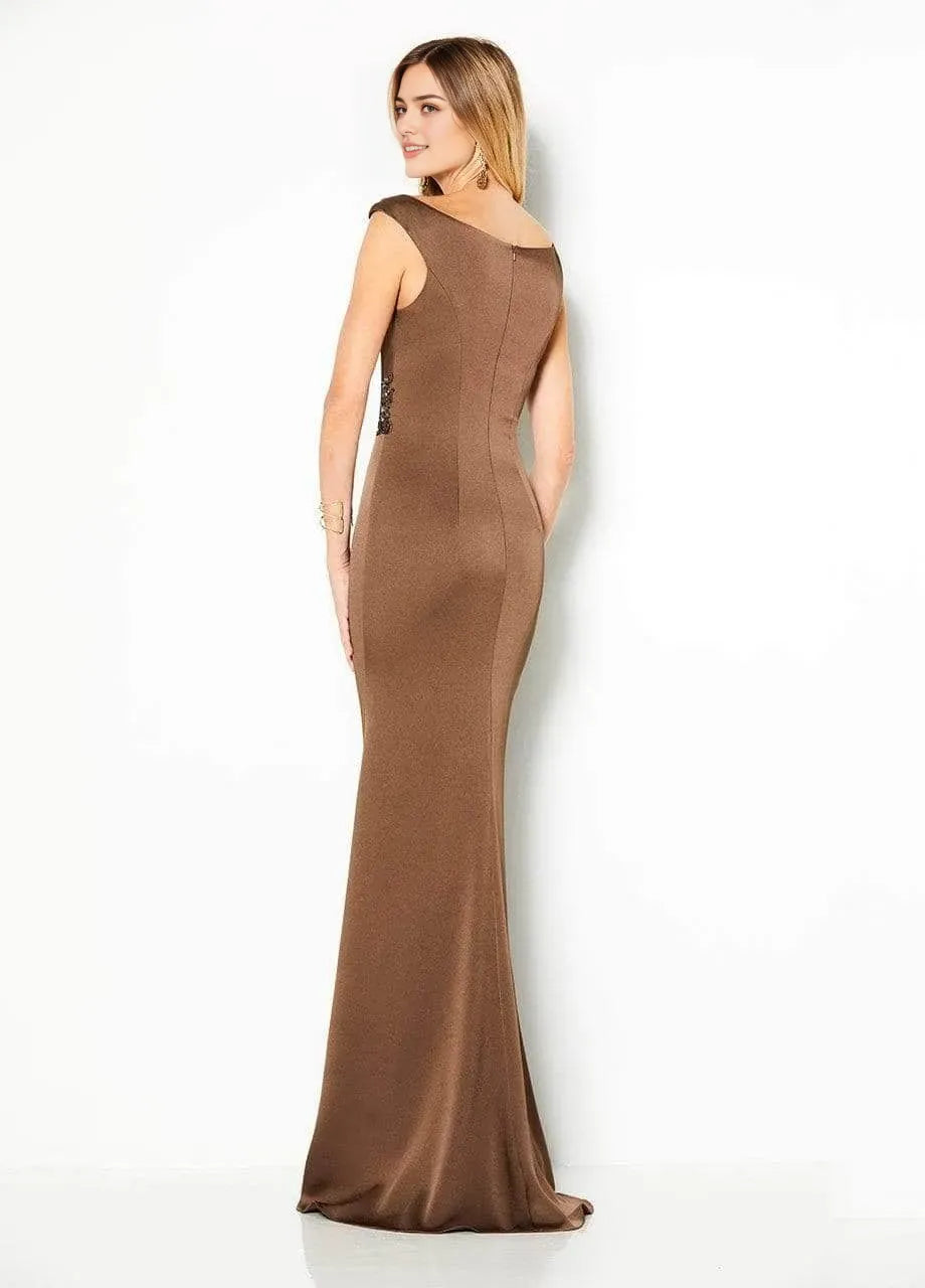 Brown Evening Dress with Asymmetric Neckline Draped Bodice and Waist Accent for Elegant Occasions