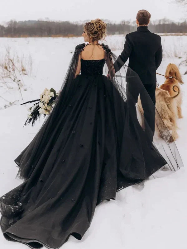 Black Gothic 3D Flower Bridal Gown With Cape
