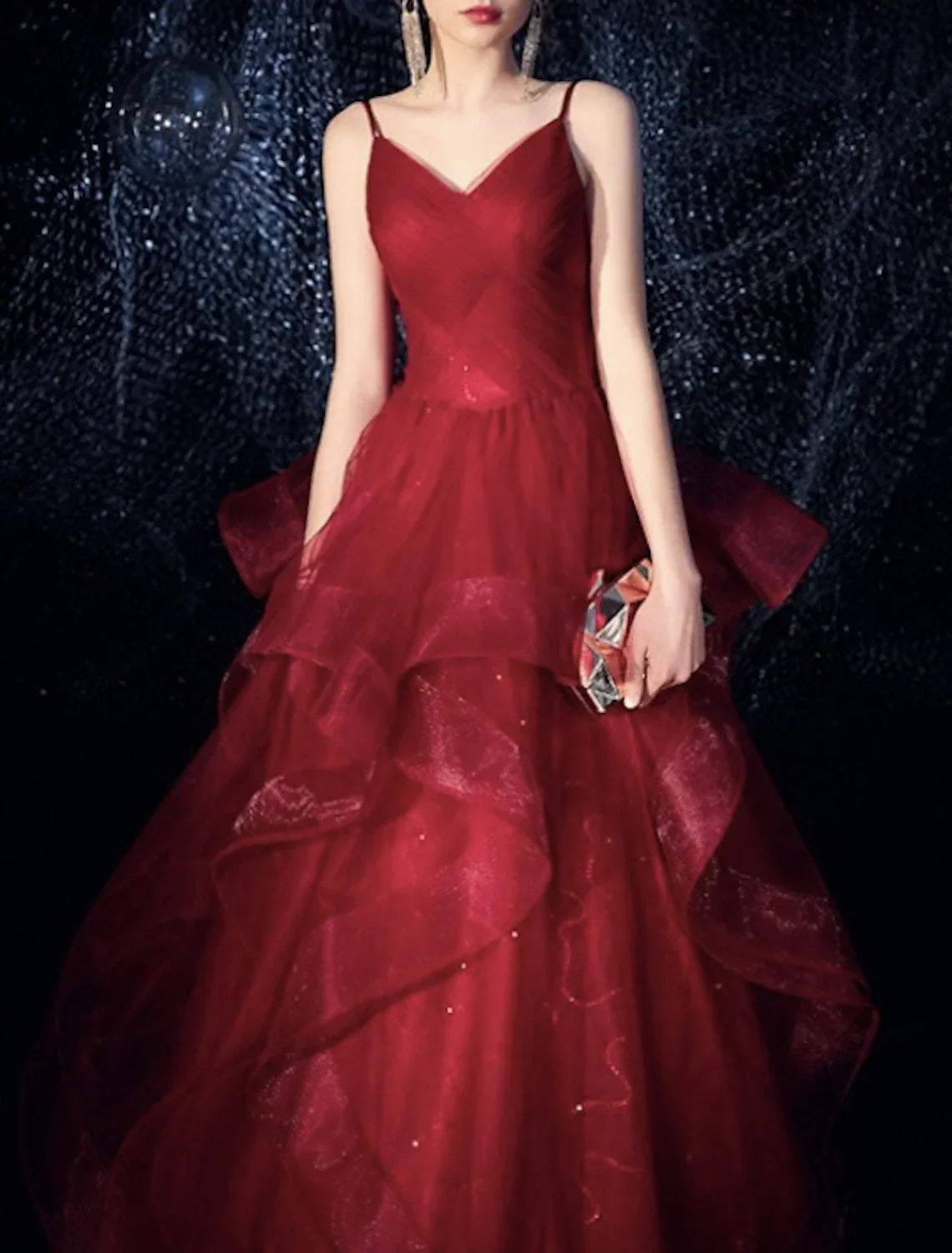 Sparkle Elegant Sparkle & Shine Engagement Formal Evening Dress Spaghetti Strap Sleeveless Floor Length with Tier