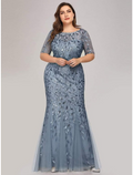 Empire Elegant Party Wear Formal Evening Dress Jewel Neck Short Sleeve Floor Length with Embroidery