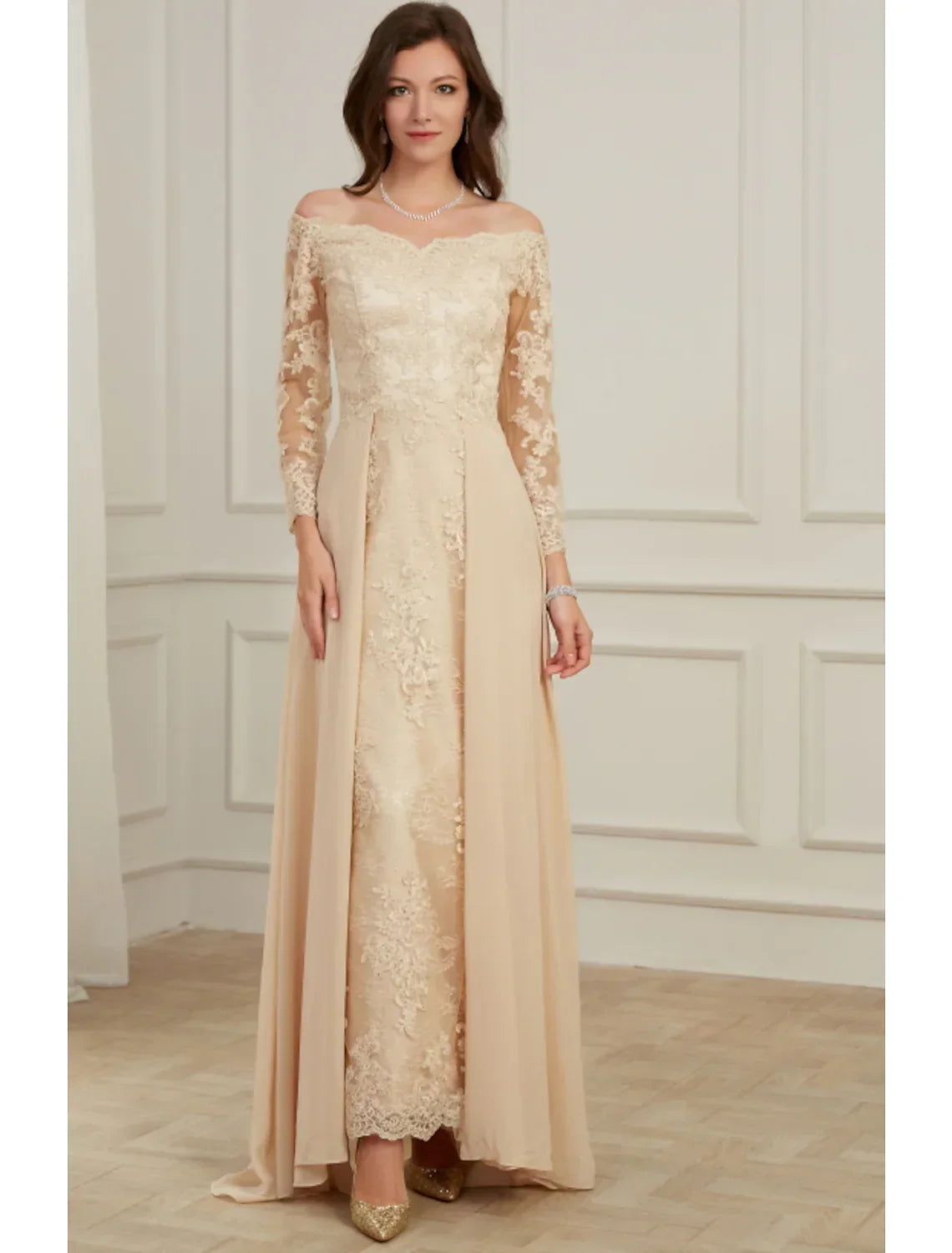 Evening Gown Elegant Dress Wedding Guest Floor Length Long Sleeve Off Shoulder Appliques