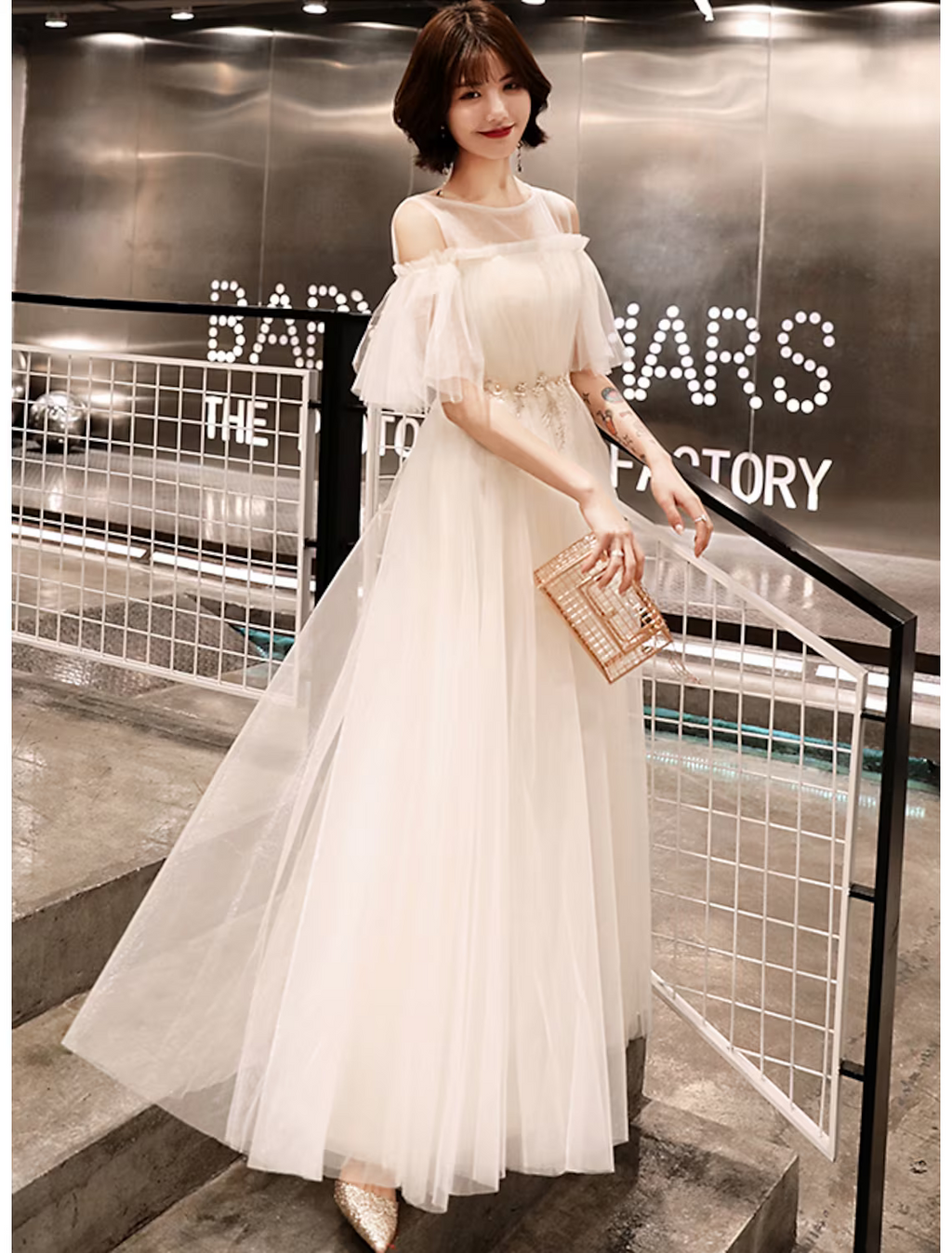 Wedding Guest Floor Length Half Sleeve Illusion Neck with Appliques