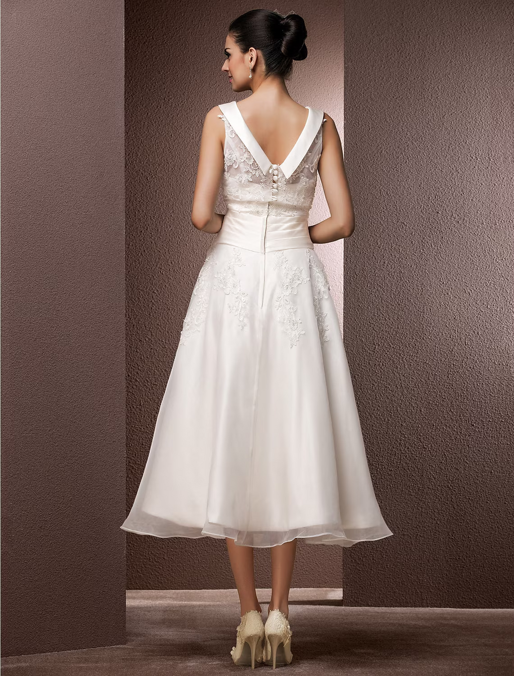 Hall Wedding Dresses Tea Length A-Line Regular Straps Bateau Neck With Pearl Beading