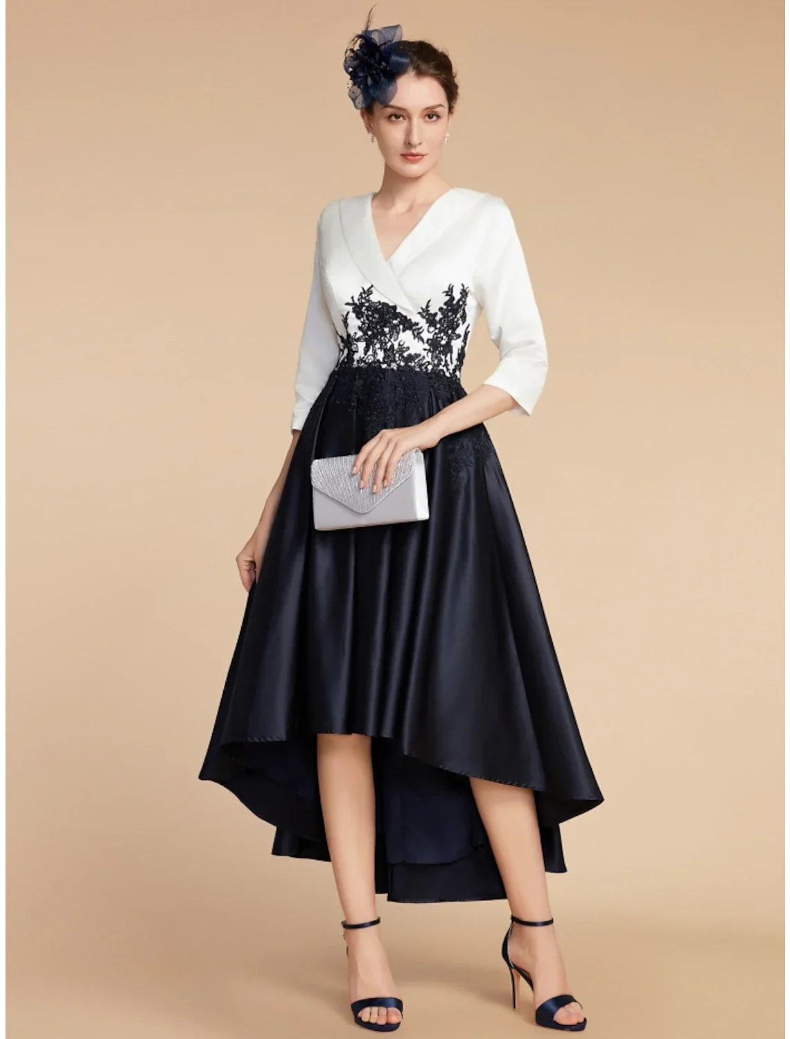 Mother of the Bride Dress Wedding Guest Elegant Petite V Neck Asymmetrical Half Sleeve with Ruching