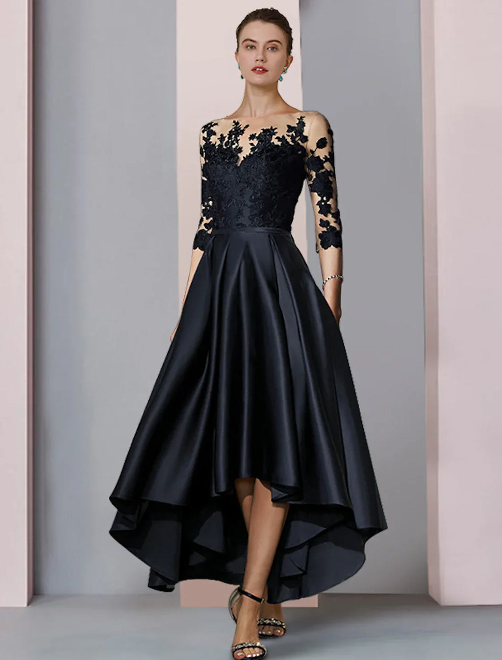 Mother of the Bride Dress Wedding Guest Elegant High Low Scoop Neck Asymmetrical Tea Length 3/4 Length Sleeve with Pleats Appliques