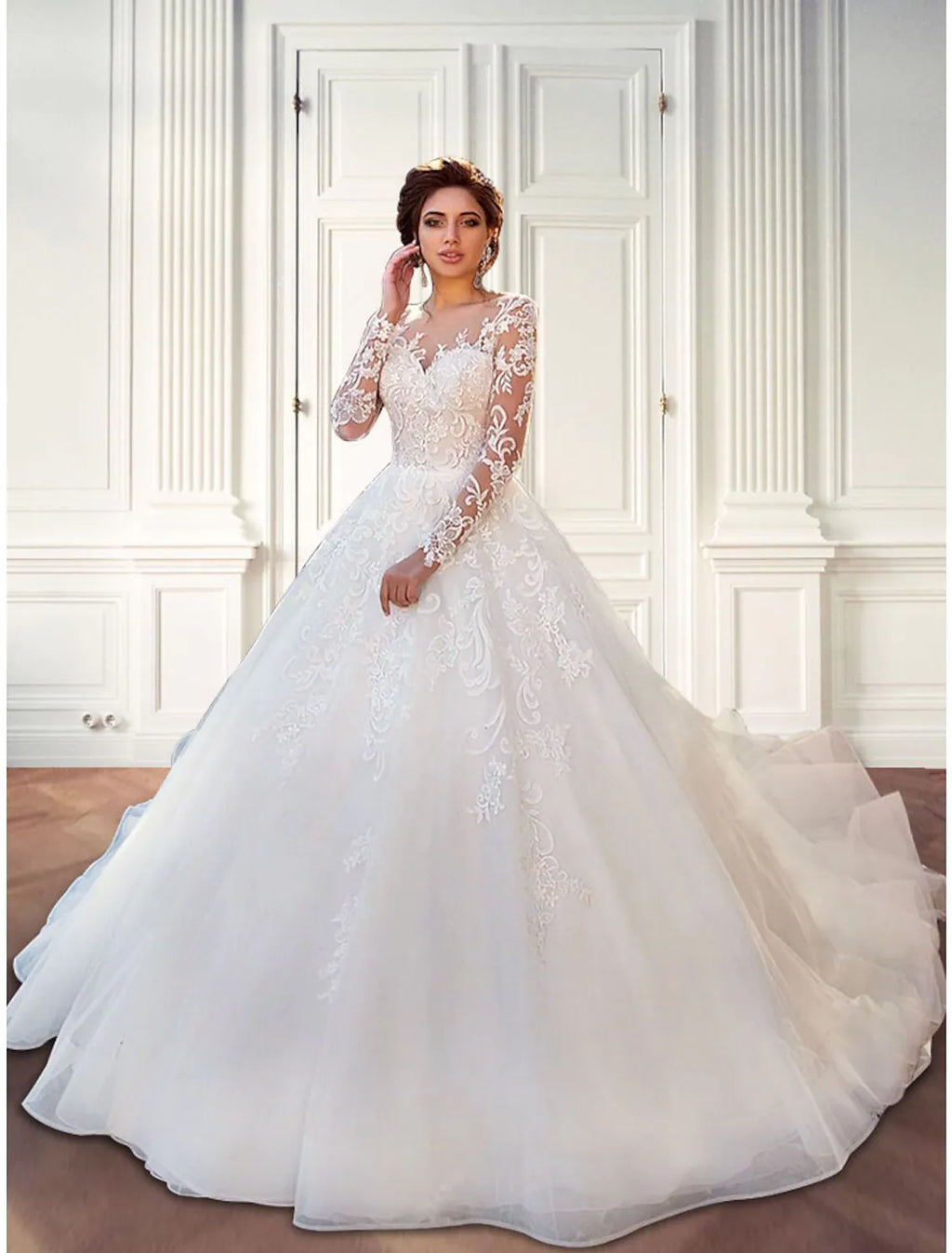 Engagement Formal Wedding Dresses Ball Gown Long Sleeve Appliques
