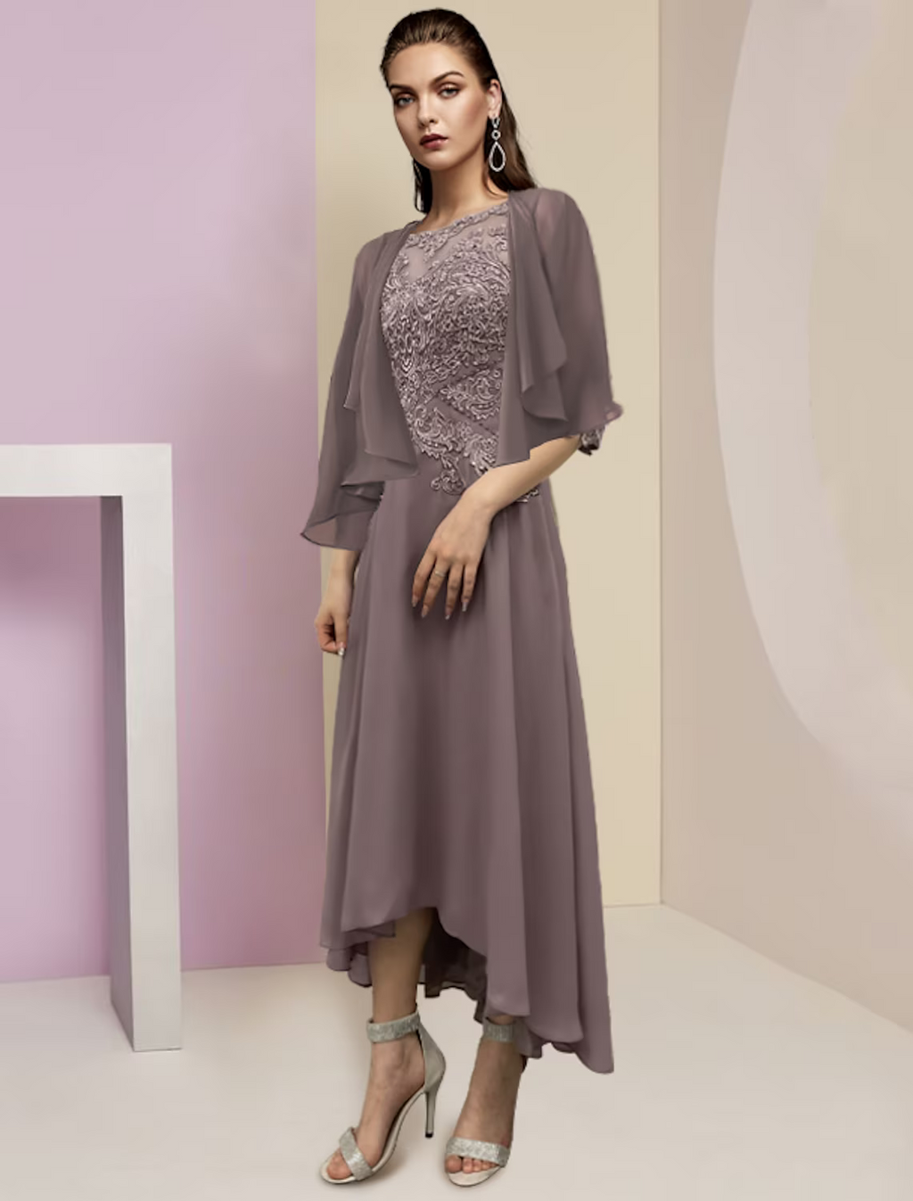 Two Piece A-Line Mother of the Bride Dress Formal Wedding Guest Party Elegant Scoop Neck Asymmetrical Sleeve Wrap Included with Beading Appliques