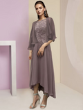 Two Piece A-Line Mother of the Bride Dress Formal Wedding Guest Party Elegant Scoop Neck Asymmetrical Sleeve Wrap Included with Beading Appliques