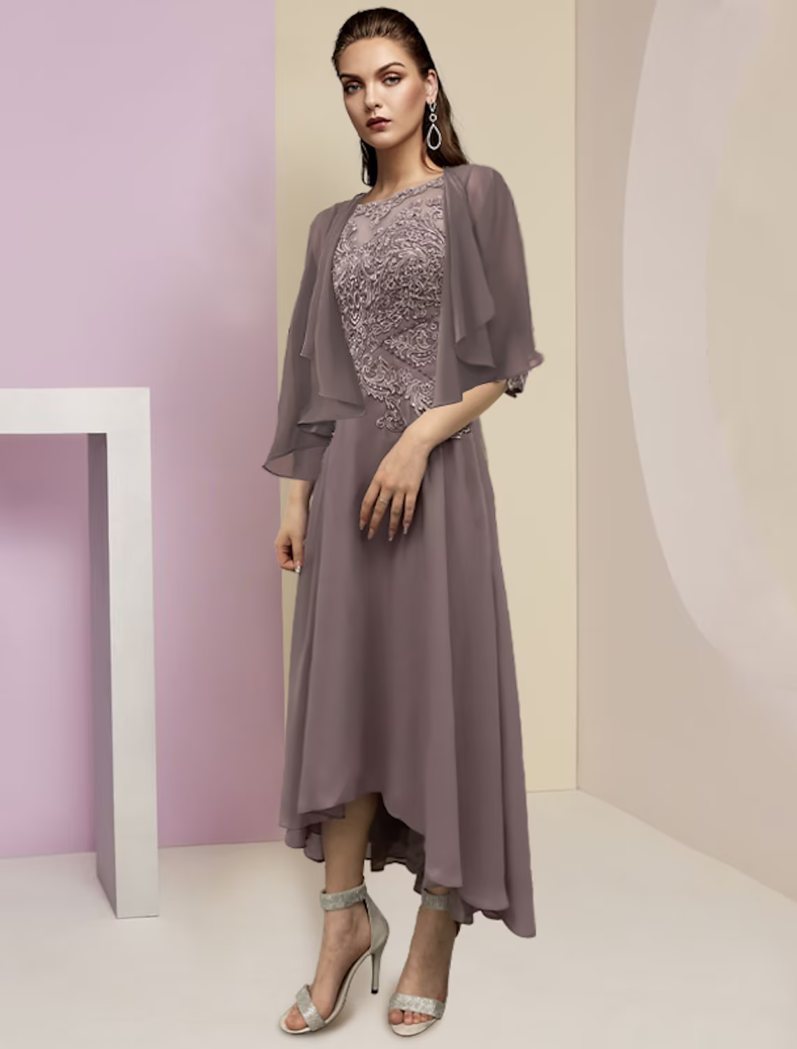 Two Piece A-Line Mother of the Bride Dress Formal Wedding Guest Party Elegant Scoop Neck Asymmetrical Sleeve Wrap Included with Beading Appliques