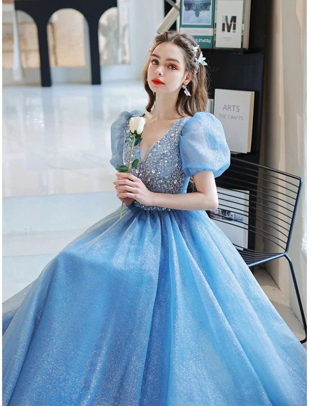 Ball Gown A-Line Evening Gown Floral Dress Prom Floor Length Short Sleeve V Neck with Glitter Beading