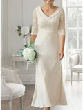White Sheath / Column Mother of the Bride Dress Wedding Guest Party Little Dresses V Neck Tea Length Half Sleeve with Solid Color