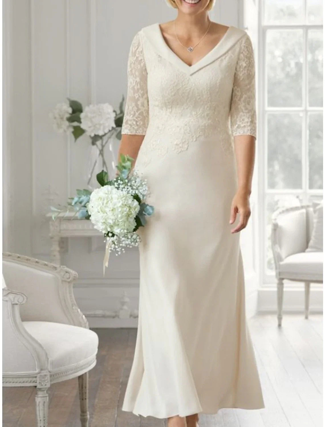 White Sheath / Column Mother of the Bride Dress Wedding Guest Party Little Dresses V Neck Tea Length Half Sleeve with Solid Color