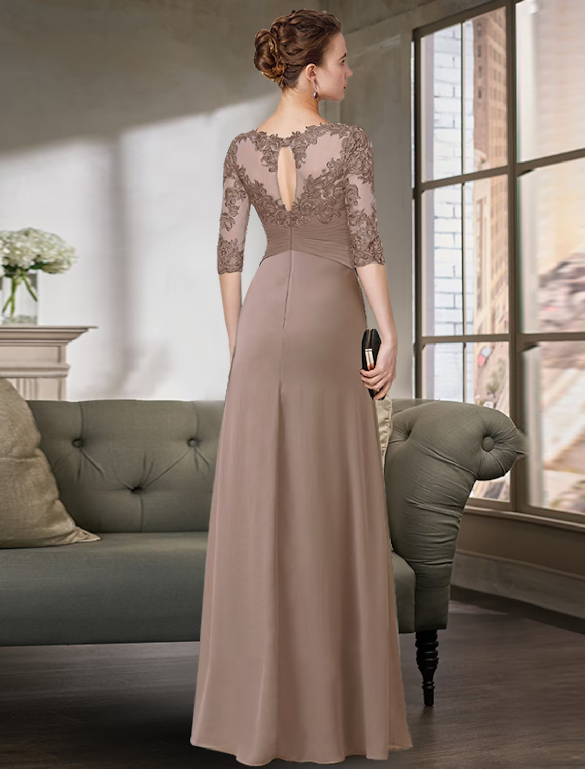 Mother of the Bride Dress Simple Elegant Floor Length Half Sleeve with Pleats